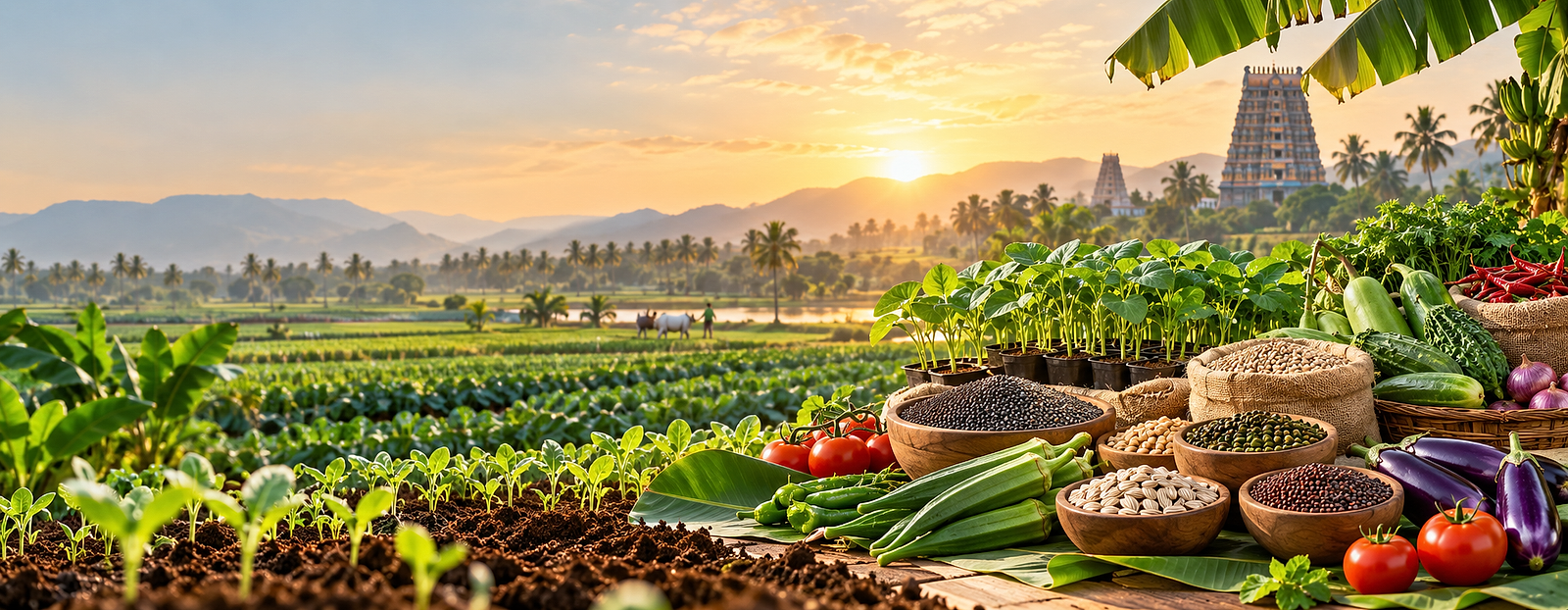 Tamil Nadu agriculture fields with premium vegetable seeds.